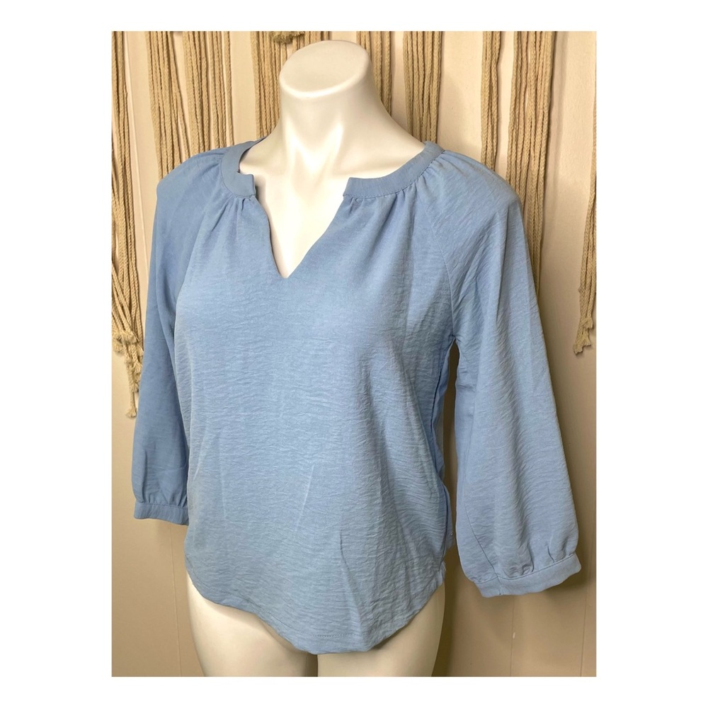 Anthro Monteau V-Neck Peasant Style Balloon Sleeve Relaxed Fit Sky Blue Blouse